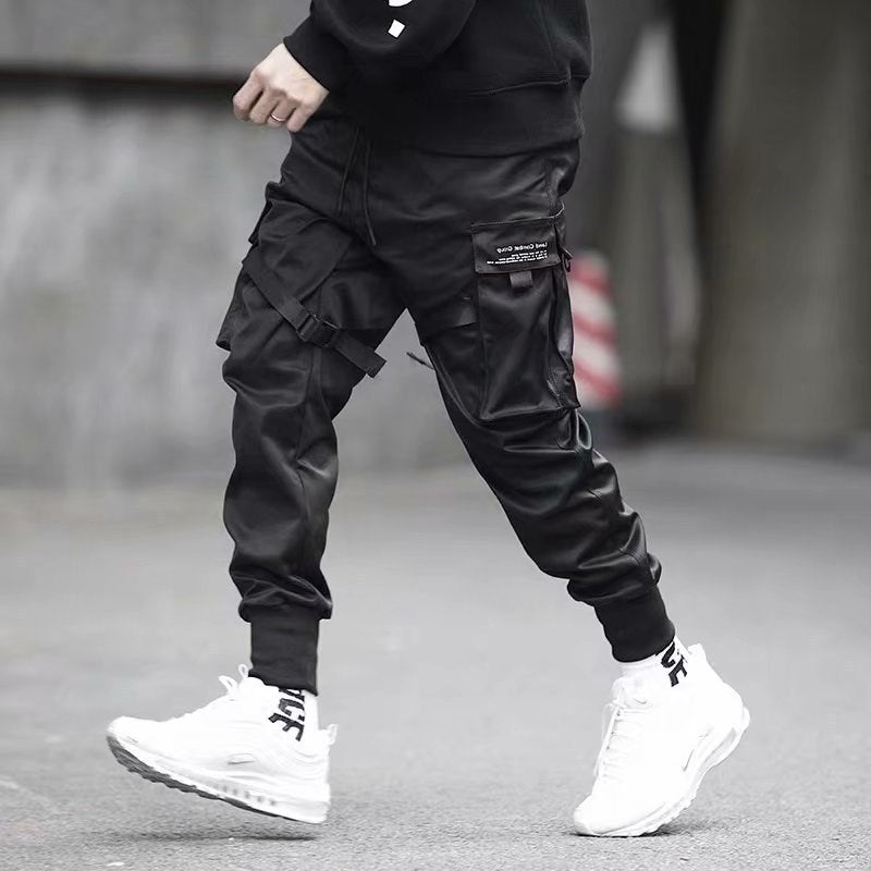 Ribbons Harem Joggers Men Cargo Pants Streetwear Hip Hop Casual Pockets Cotton Track Pants - Rozzy