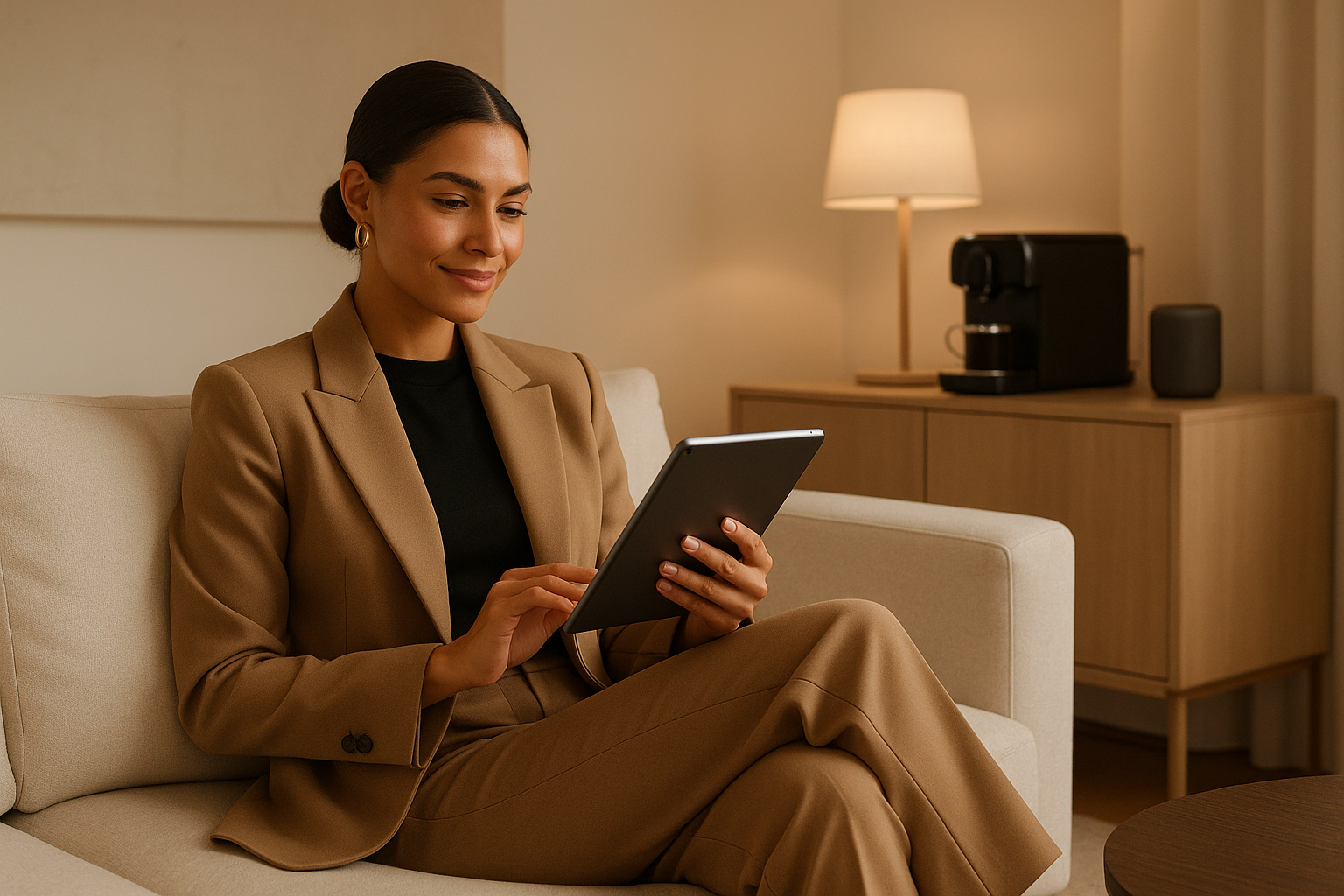 : A stylish woman, dressed in Rozzy fashion, relaxing in a modern living room with a chic home appliance visible in the background, perhaps with a tech gadget in hand or nearby.
