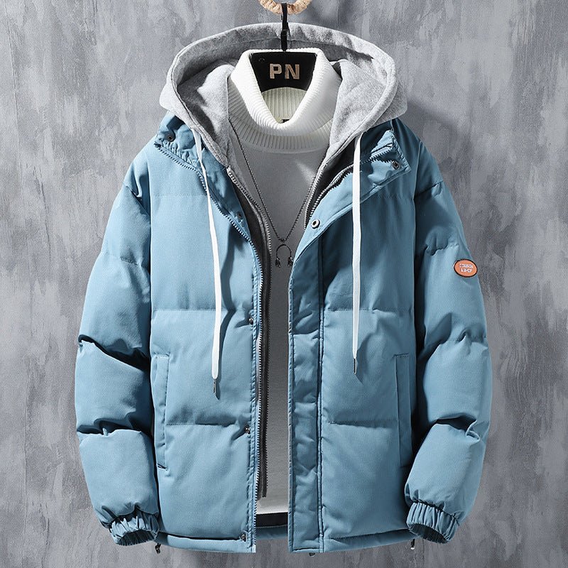 Fashion Hooded Jacket Men Winter Windproof Thickened Fake Two - piece Coat Solid Leisure Sports Cotton Jacket - Rozzy
