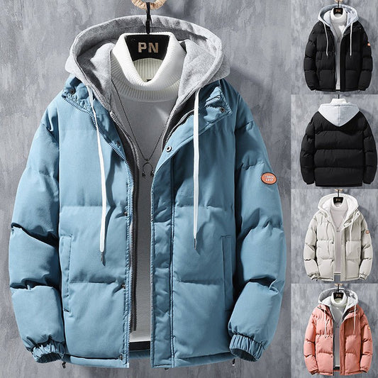 Fashion Hooded Jacket Men Winter Windproof Thickened Fake Two - piece Coat Solid Leisure Sports Cotton Jacket - Rozzy