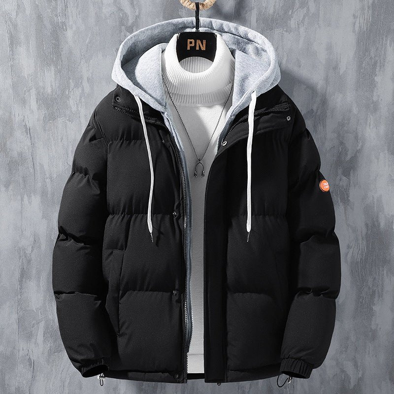 Fashion Hooded Jacket Men Winter Windproof Thickened Fake Two - piece Coat Solid Leisure Sports Cotton Jacket - Rozzy