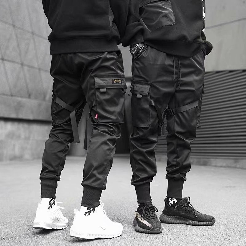 Ribbons Harem Joggers Men Cargo Pants Streetwear Hip Hop Casual Pockets Cotton Track Pants - Rozzy
