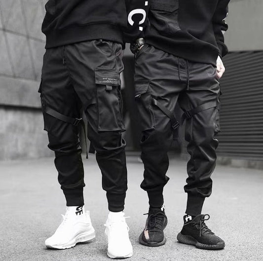 Ribbons Harem Joggers Men Cargo Pants Streetwear Hip Hop Casual Pockets Cotton Track Pants - Rozzy
